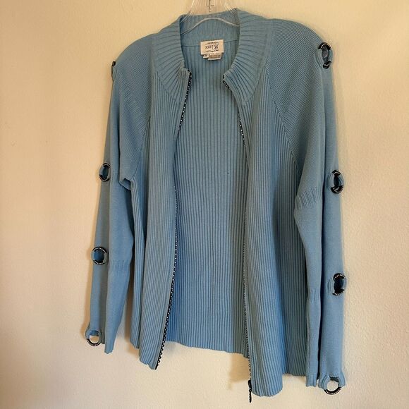 Just B Crystal Grommet Ribbed Zip Cardigan Sweater M Baby Blue E-Girl Y2K - Picture 2 of 12